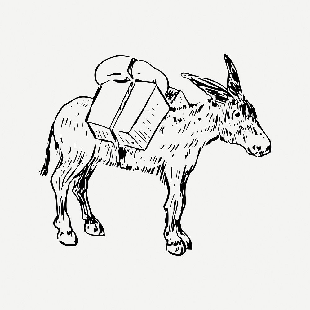 Donkey with luggage collage element, vintage illustration psd. Free public domain CC0 image.