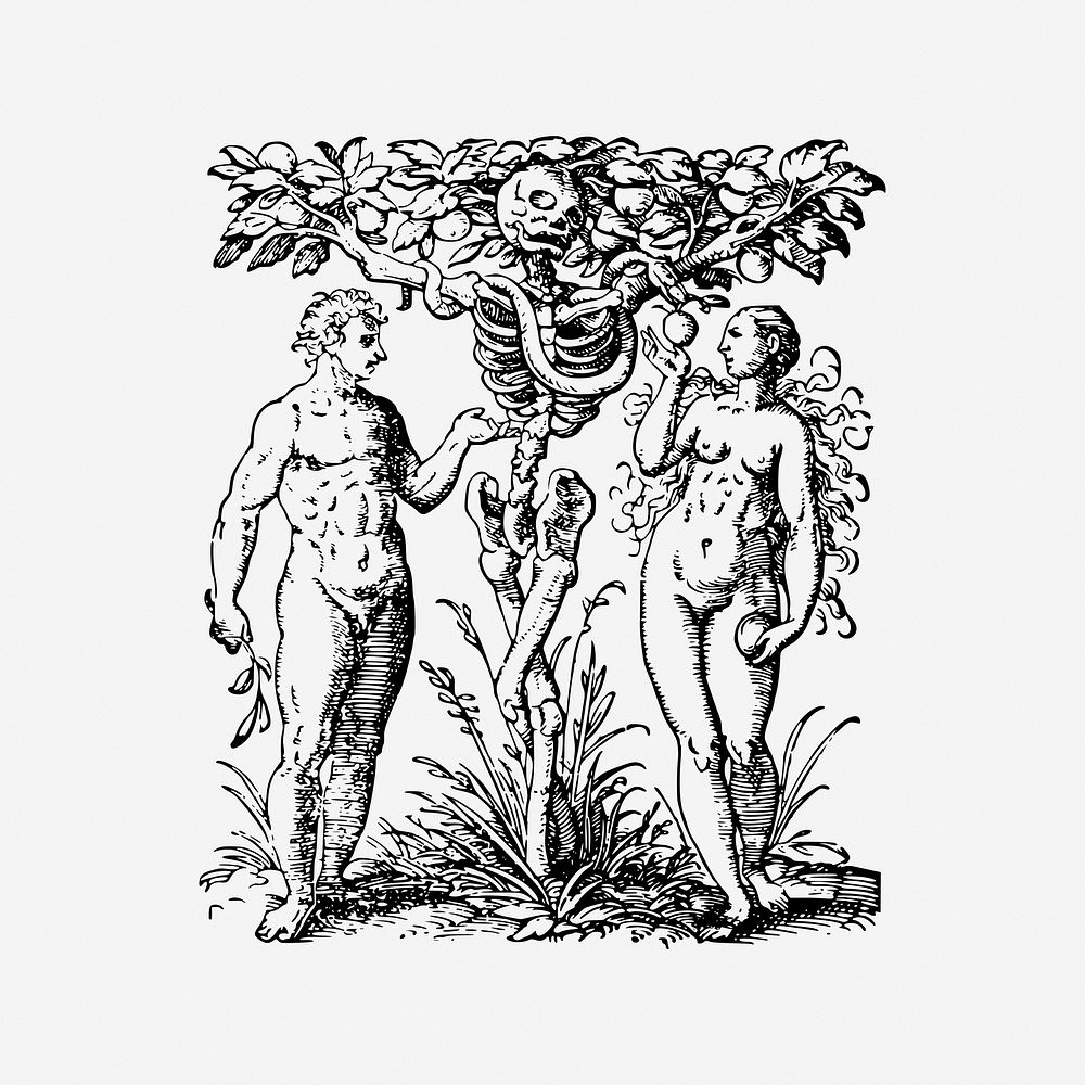 Garden of Eden, drawing illustration. Free public domain CC0 image.