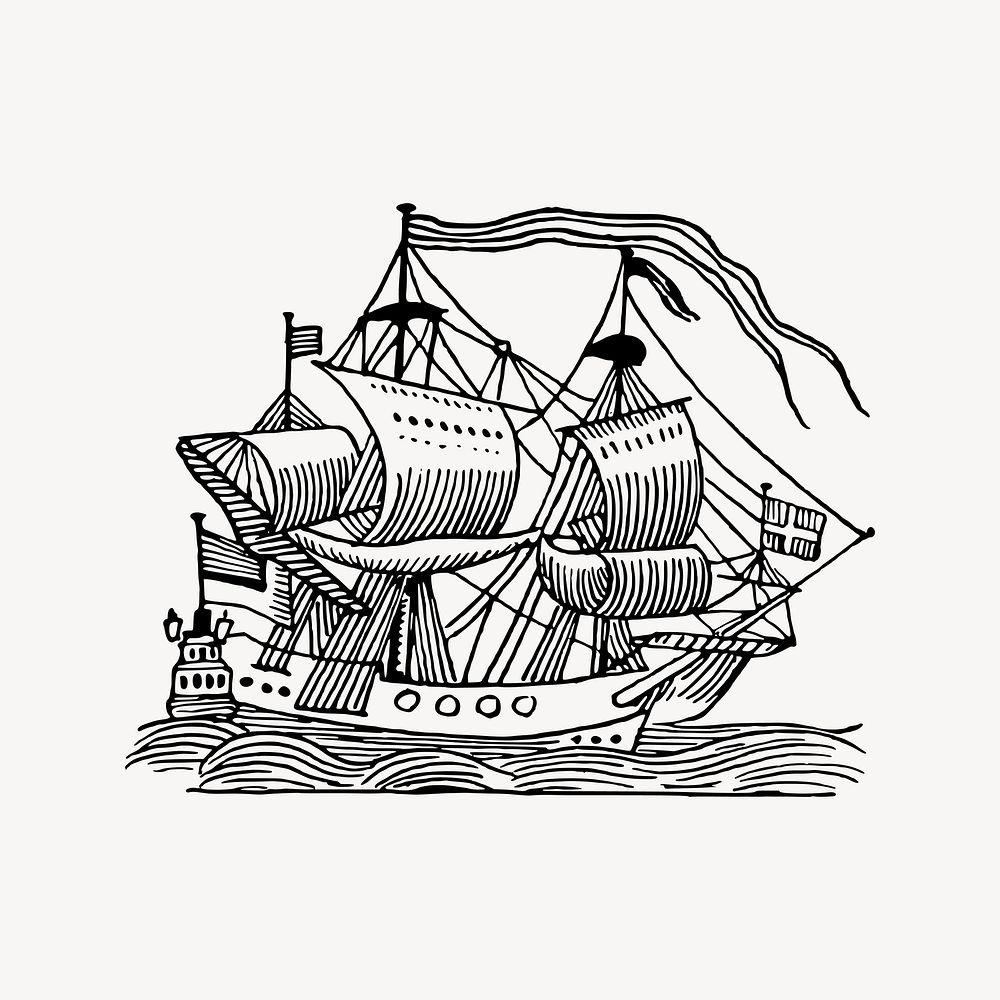 Sailing ship clipart, drawing illustration vector. Free public domain CC0 image.