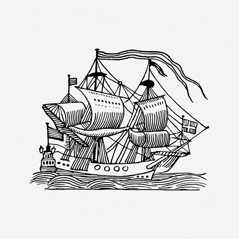 Sailing ship, drawing illustration. Free public domain CC0 image.