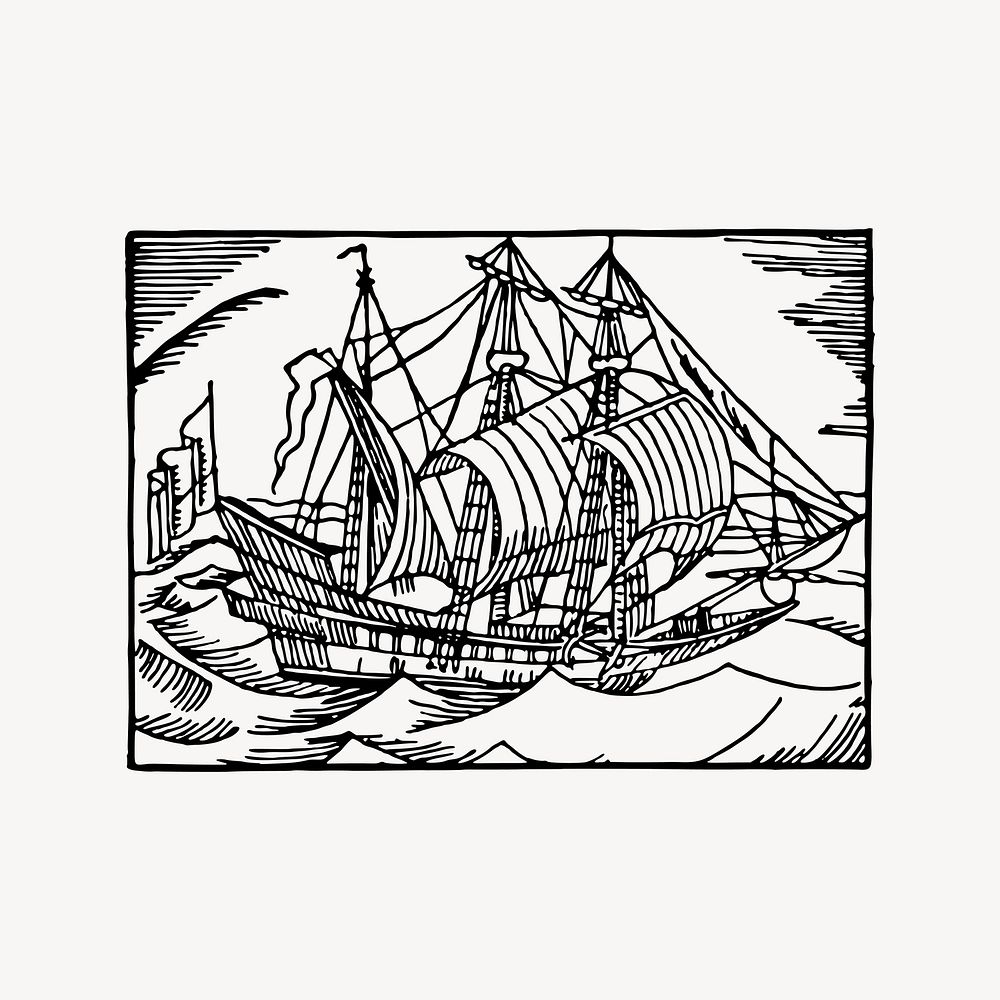 Sailing ship clipart, drawing illustration vector. Free public domain CC0 image.