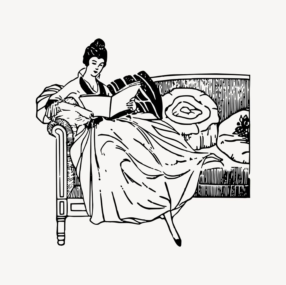 Woman reading clipart, drawing illustration vector. Free public domain CC0 image.