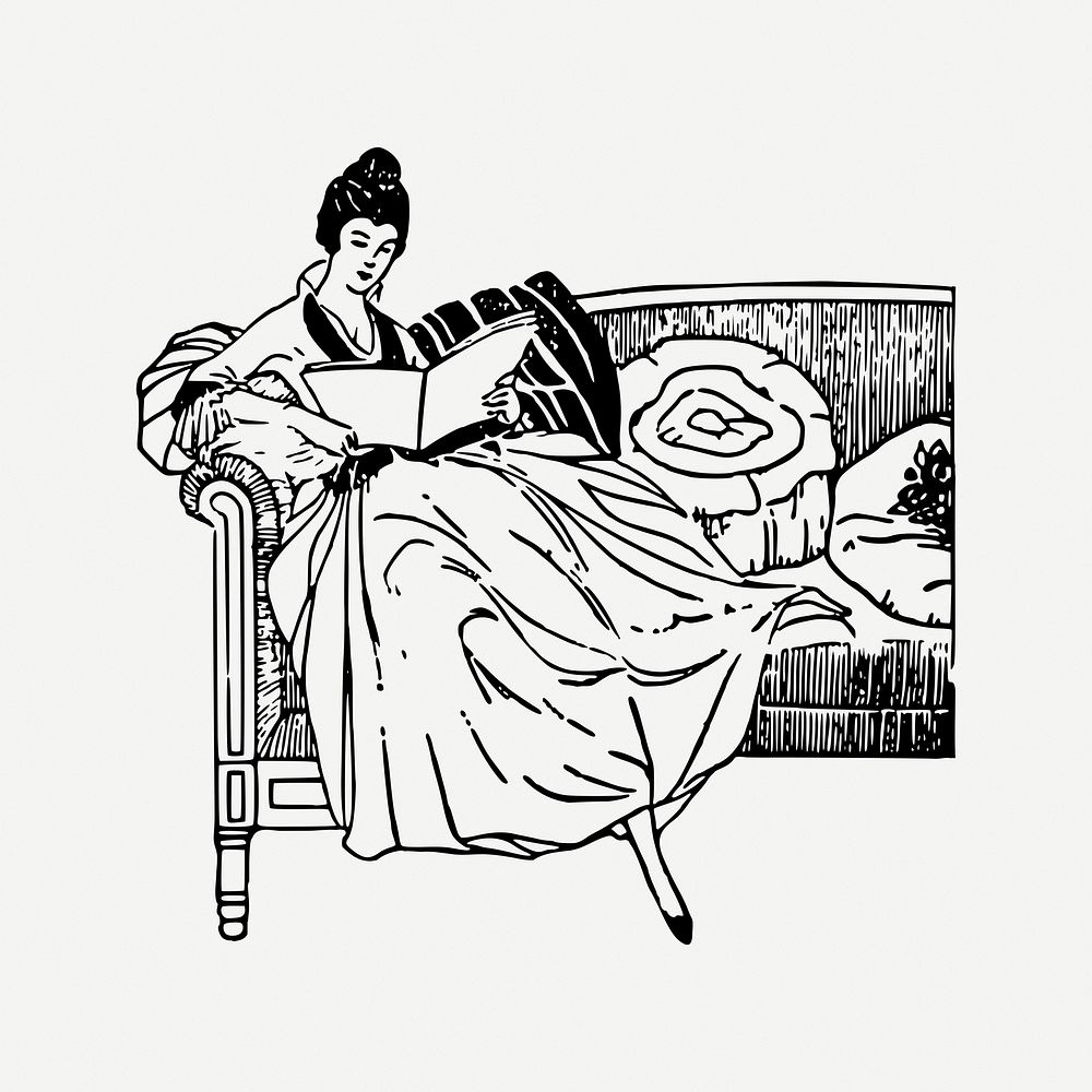 Woman reading collage element, vintage illustration psd. Free public domain CC0 image.