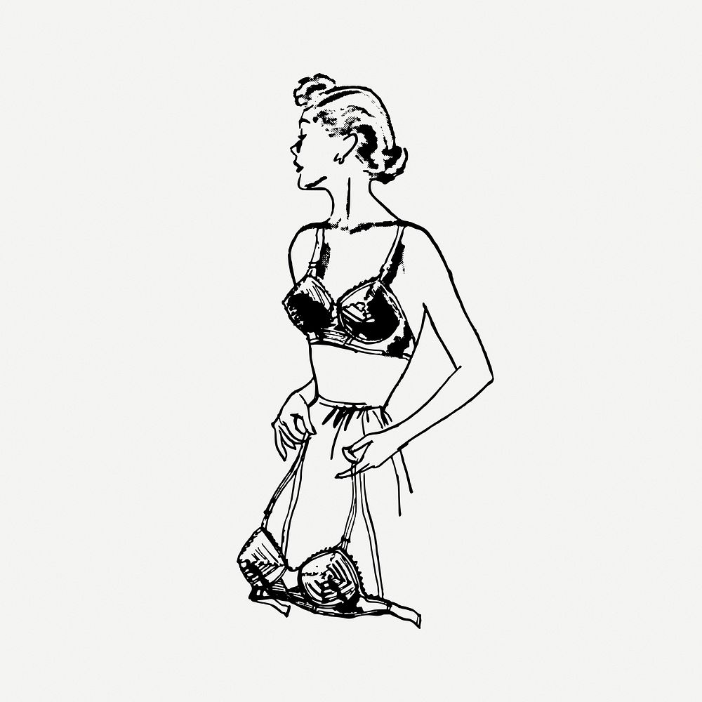 Lady holding brassiere collage element, vintage illustration psd. Free public domain CC0 image.
