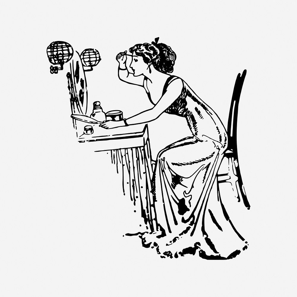 Woman applying makeup, drawing illustration. Free public domain CC0 image.