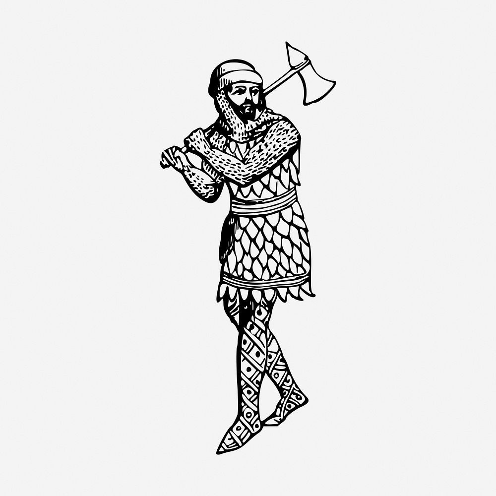 Soldier with axe, drawing illustration. Free public domain CC0 image.