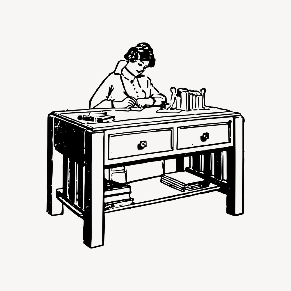 Lady at desk clipart, drawing illustration vector. Free public domain CC0 image.