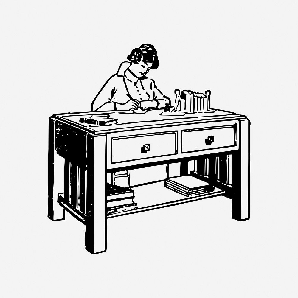 Lady at desk, drawing illustration. Free public domain CC0 image.