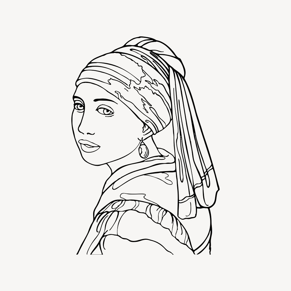 Girl with pearl earring clipart, drawing illustration vector. Free public domain CC0 image.