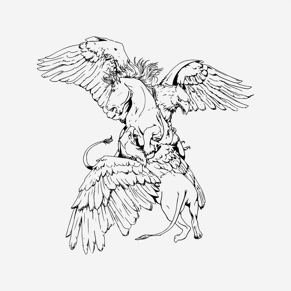Griffin with prey, drawing illustration. Free public domain CC0 image.