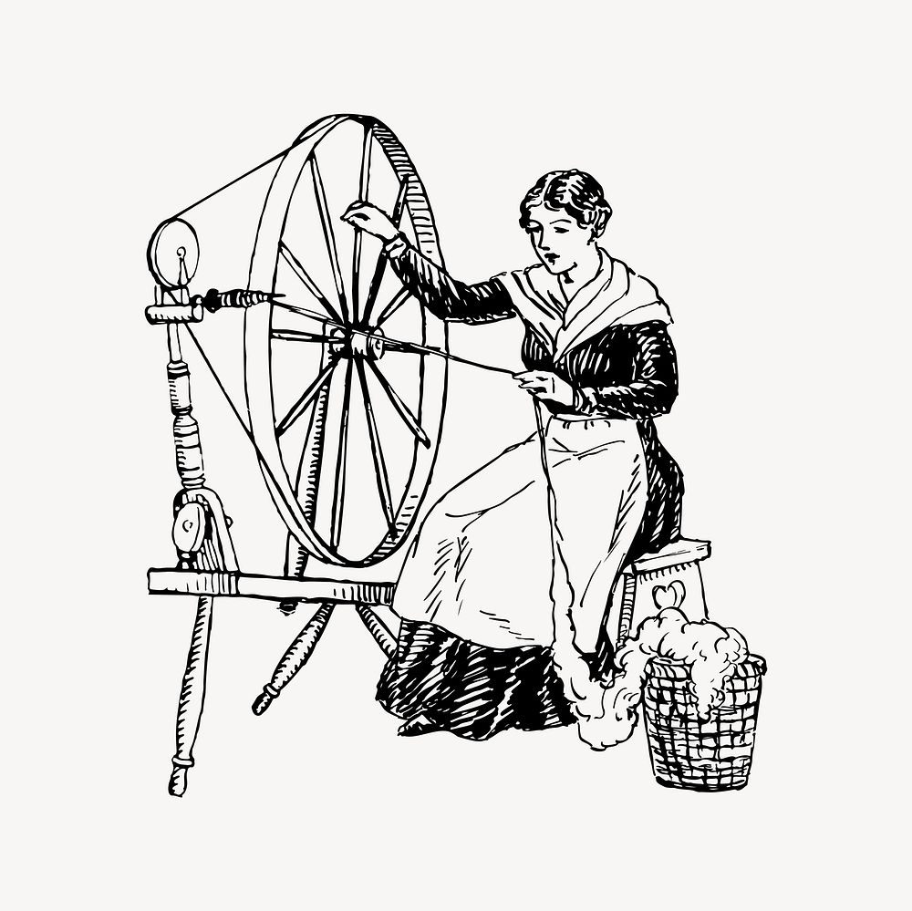 Woman at spinning wheel clipart, drawing illustration vector. Free public domain CC0 image.