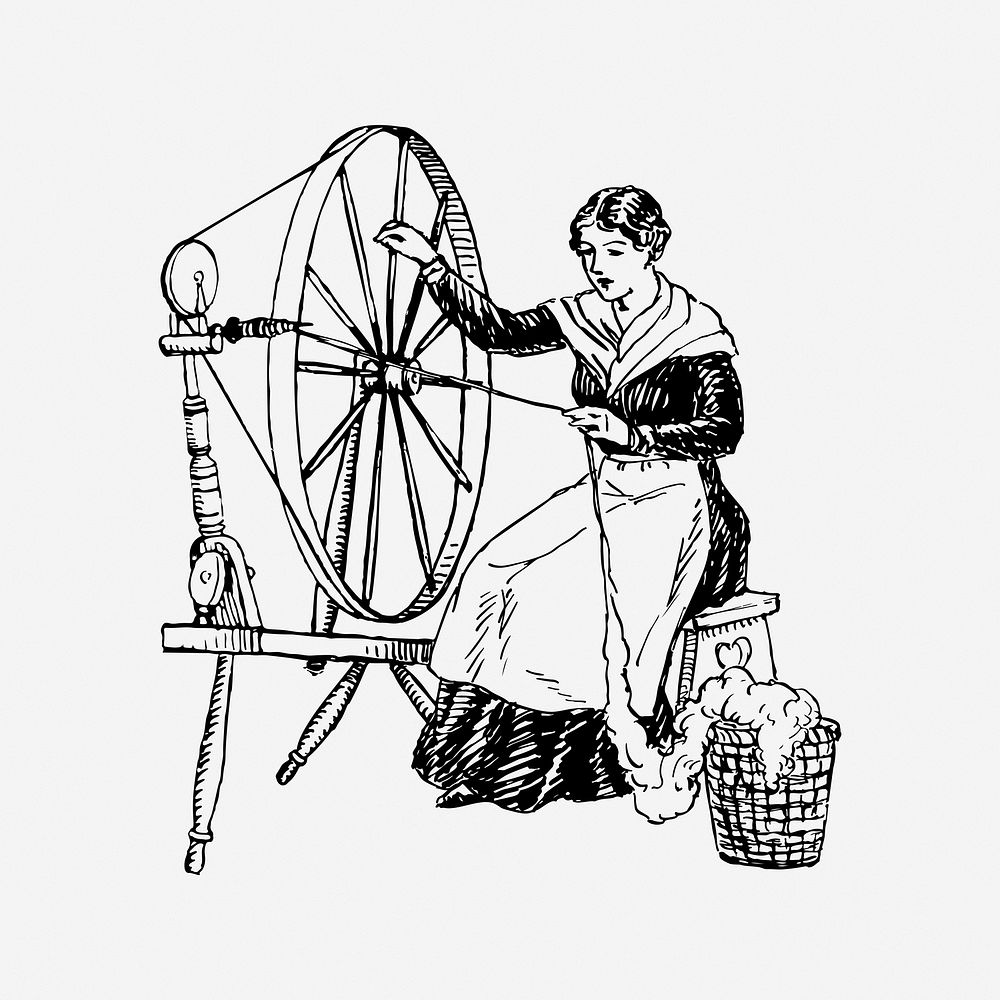 Woman at spinning wheel, drawing illustration. Free public domain CC0 image.