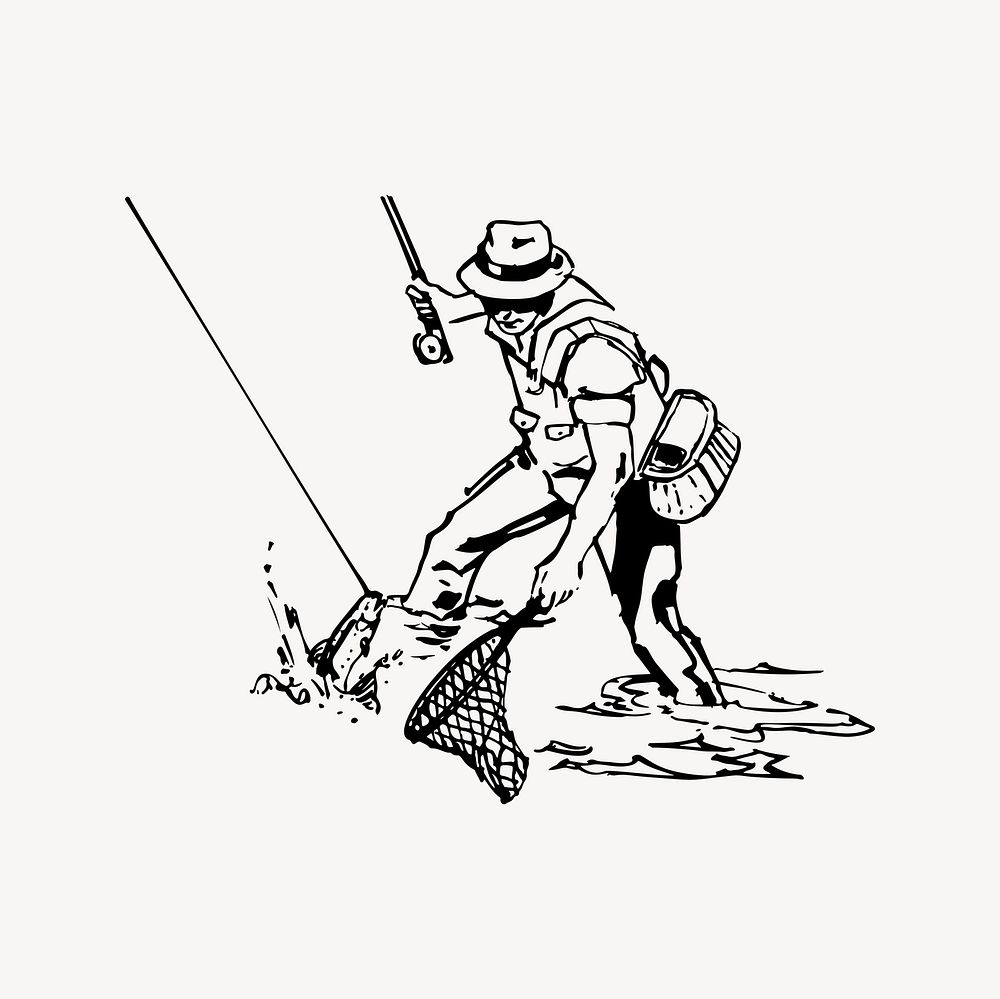 Fisherman clipart, drawing illustration vector. Free public domain CC0 image.