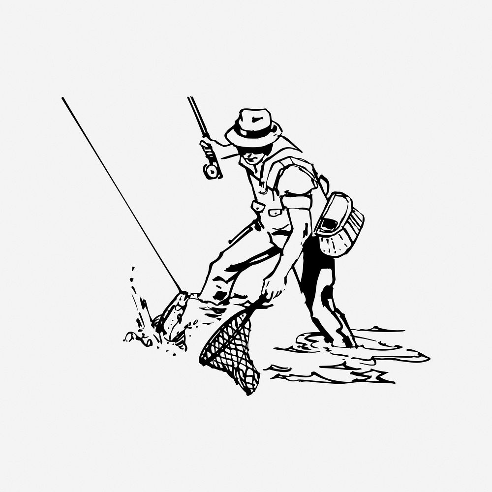 Fisherman, drawing illustration. Free public domain CC0 image.