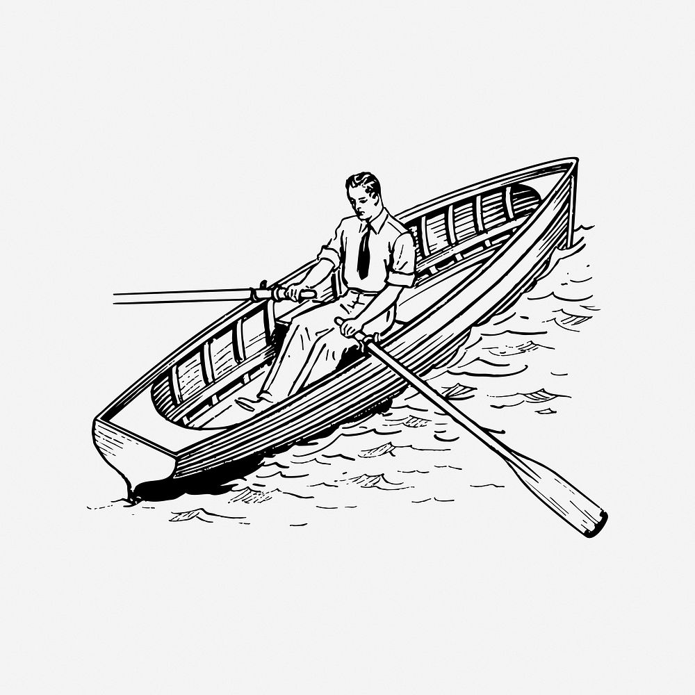 Man in rowboat, drawing illustration. Free public domain CC0 image.