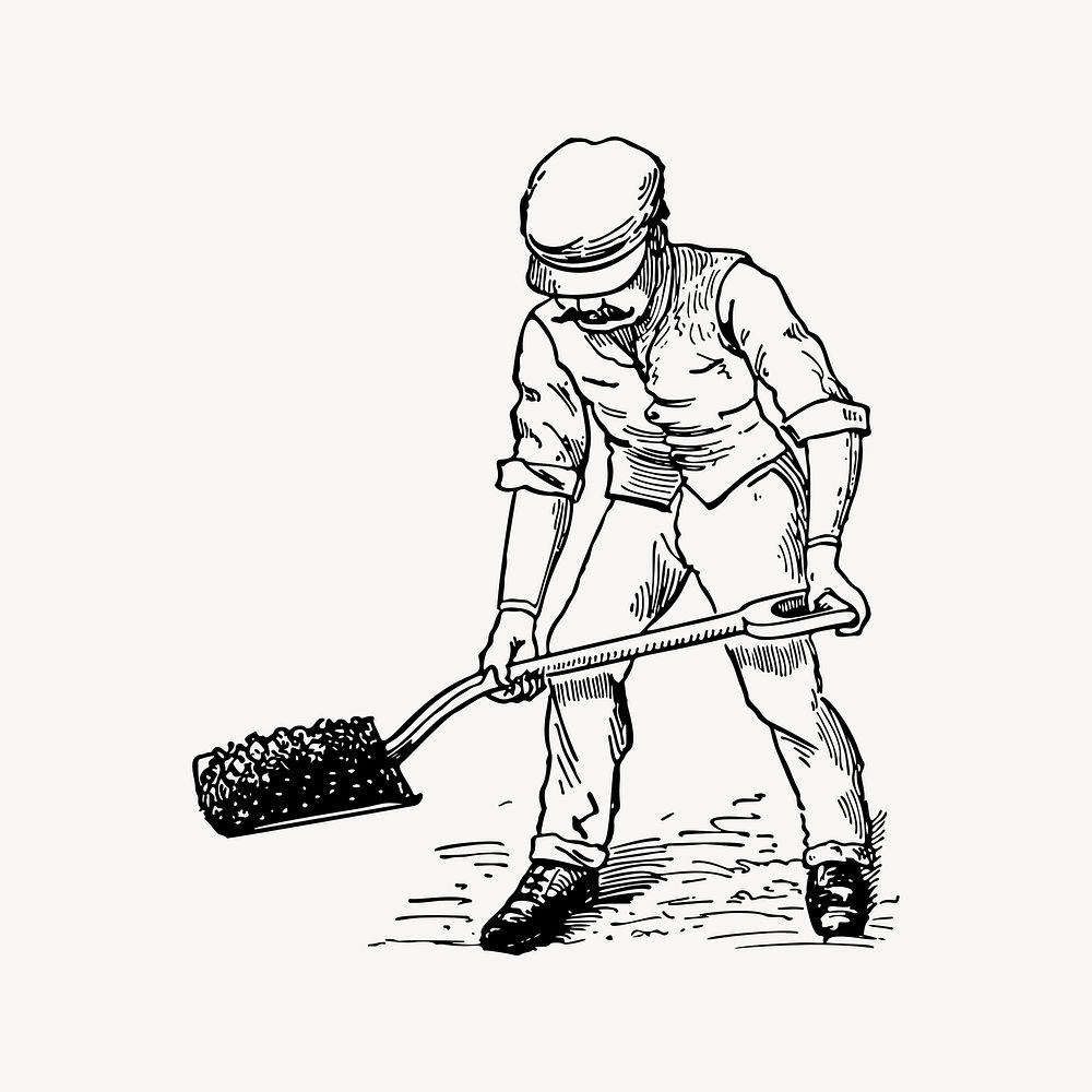 Man shoveling dirt clipart, drawing illustration vector. Free public domain CC0 image.