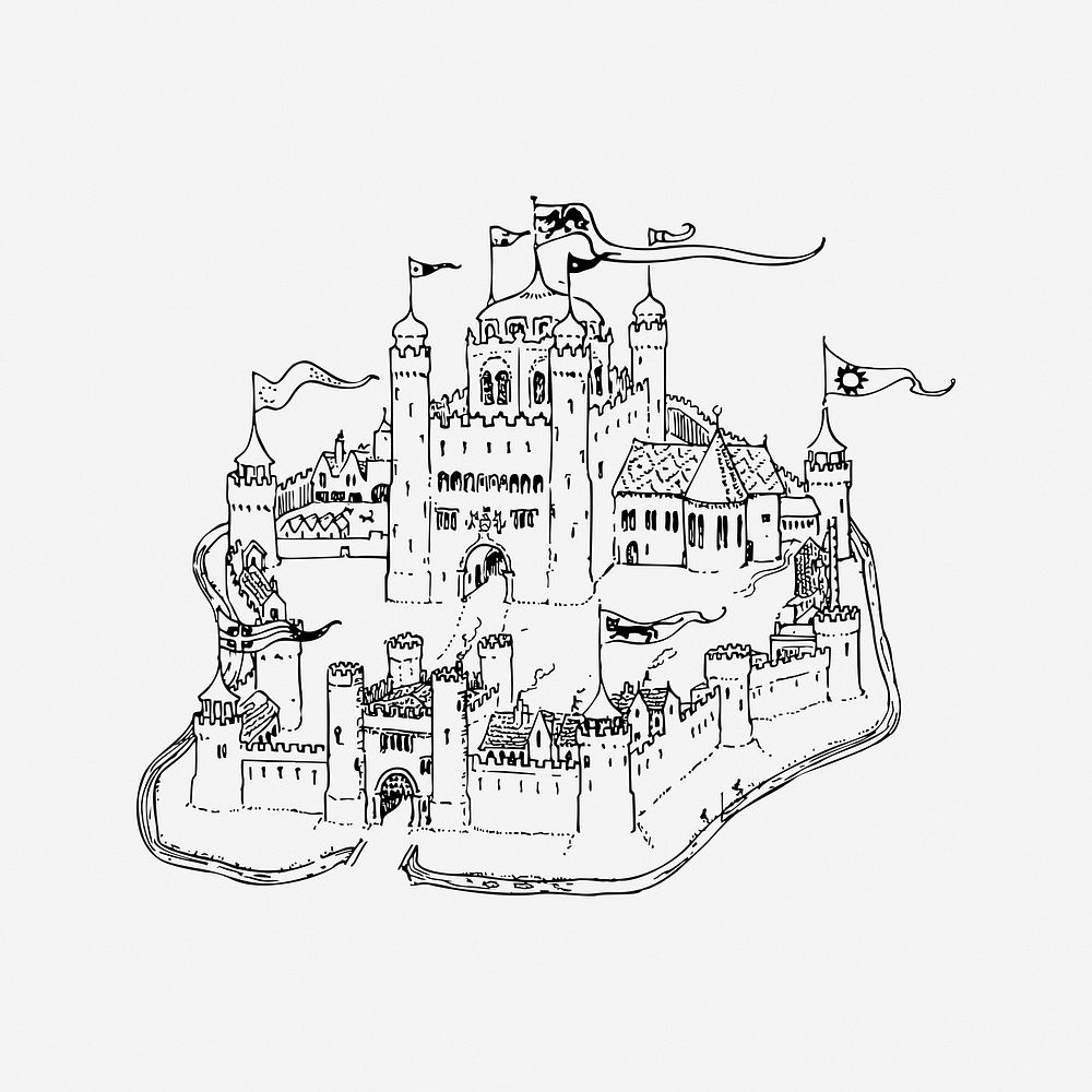 Castle, drawing illustration. Free public domain CC0 image.