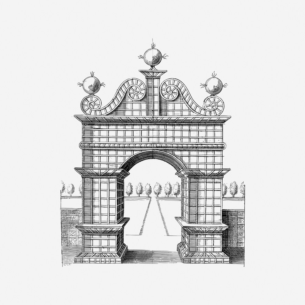 Elegant gate, drawing illustration. Free public domain CC0 image.