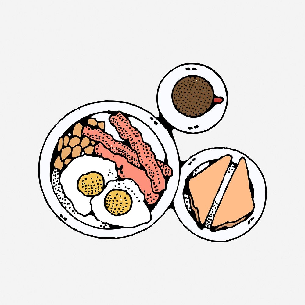 English breakfast, drawing illustration. Free public domain CC0 image.