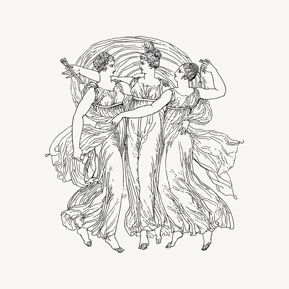 Three ladies clipart, drawing illustration vector. Free public domain CC0 image.