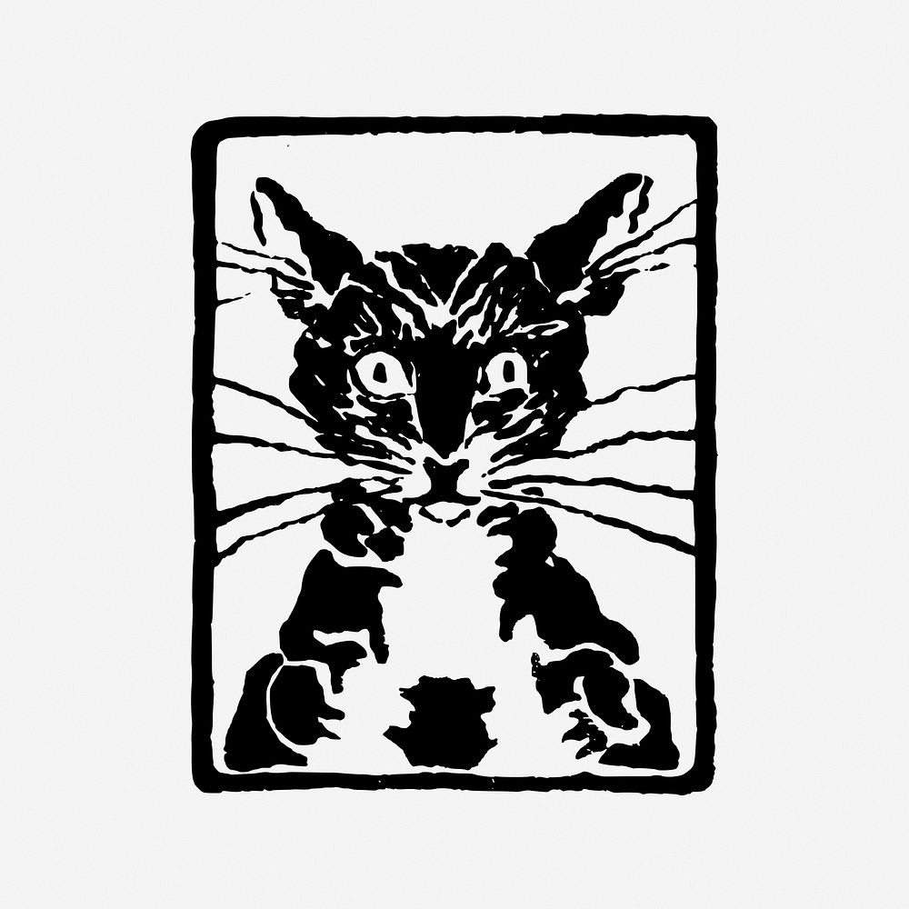 Cat stamp, drawing illustration. Free public domain CC0 image.