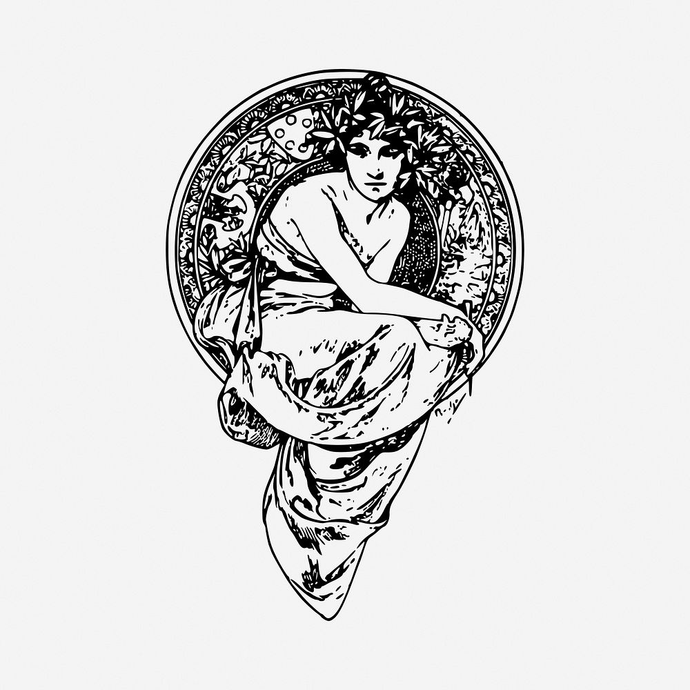 Woman badge drawing, vintage illustration. Free public domain CC0 image.