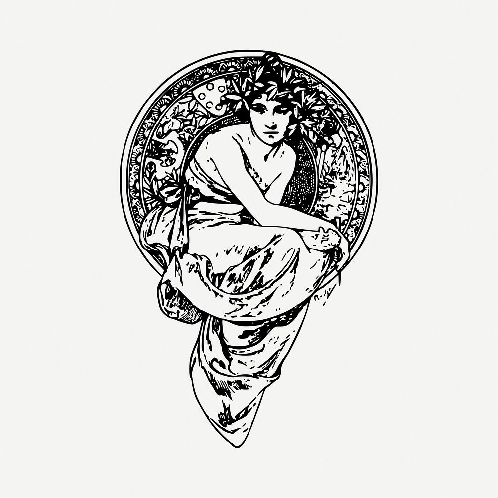 Woman badge drawing, vintage illustration psd. Free public domain CC0 image.