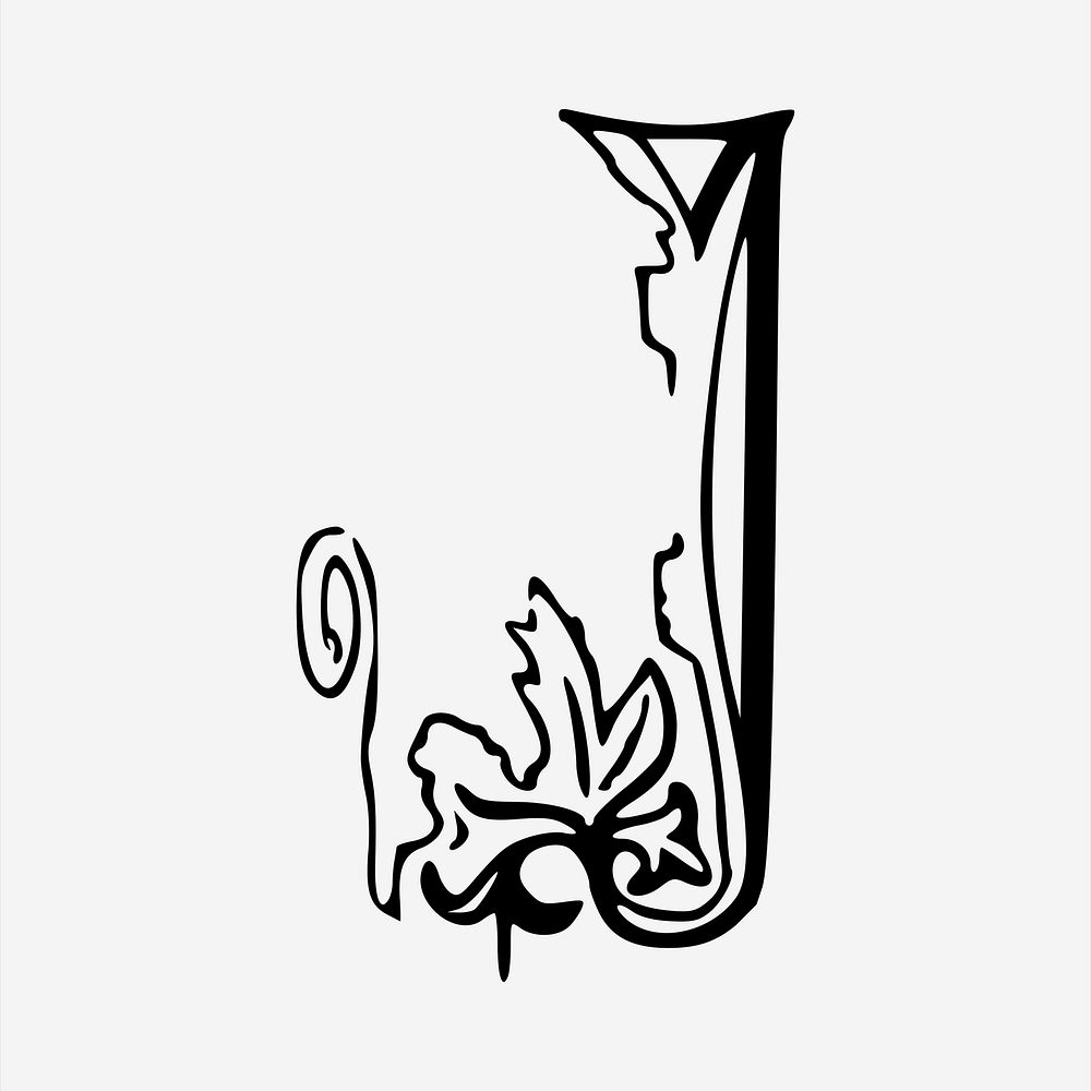 J letter  clipart, vintage hand drawn vector. Free public domain CC0 image.