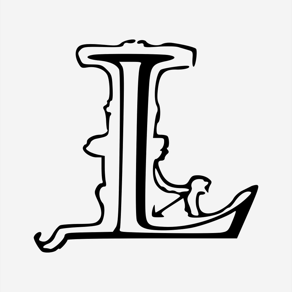 L letter  clipart, vintage hand drawn vector. Free public domain CC0 image.