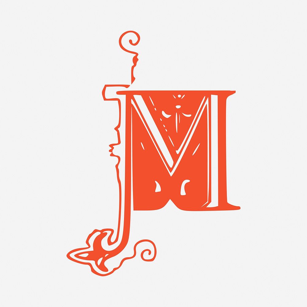 M letter drawing, vintage illustration. Free public domain CC0 image.