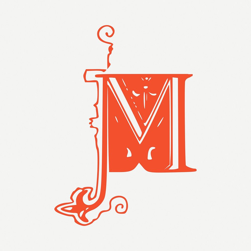 M letter drawing, vintage illustration psd. Free public domain CC0 image.