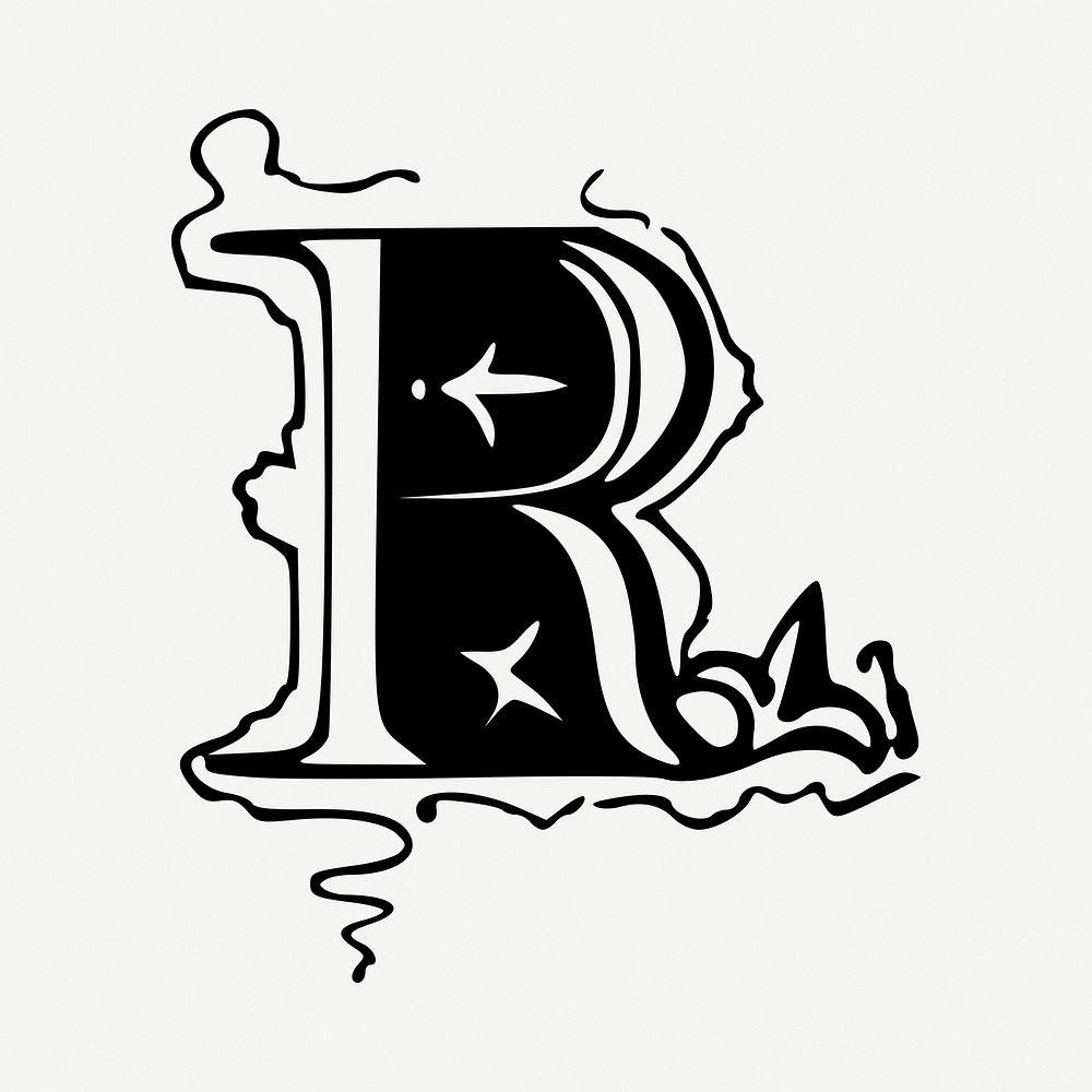 R letter drawing, vintage illustration psd. Free public domain CC0 image.