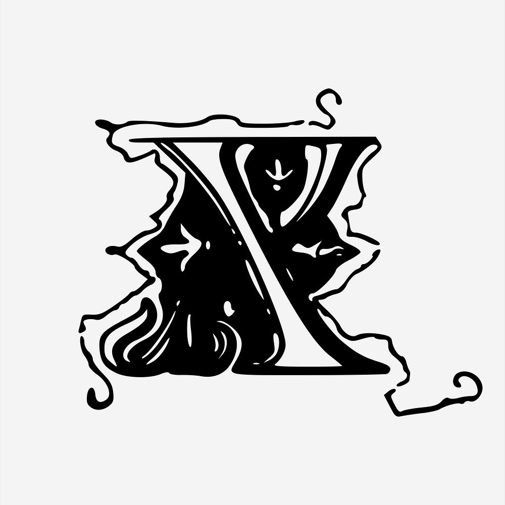 X letter  clipart, vintage hand drawn vector. Free public domain CC0 image.
