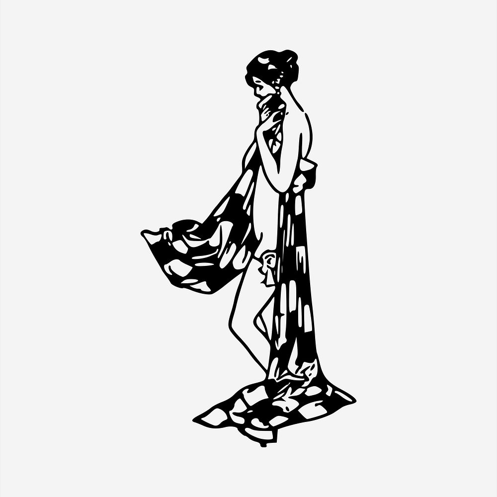 Woman getting dressed  clipart, vintage hand drawn vector. Free public domain CC0 image.