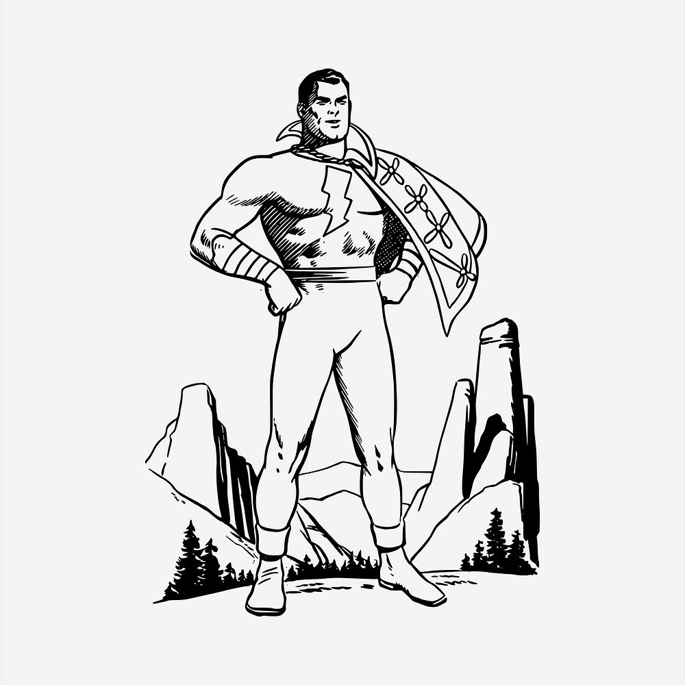 Superhero comic  clipart, vintage hand drawn vector. Free public domain CC0 image.