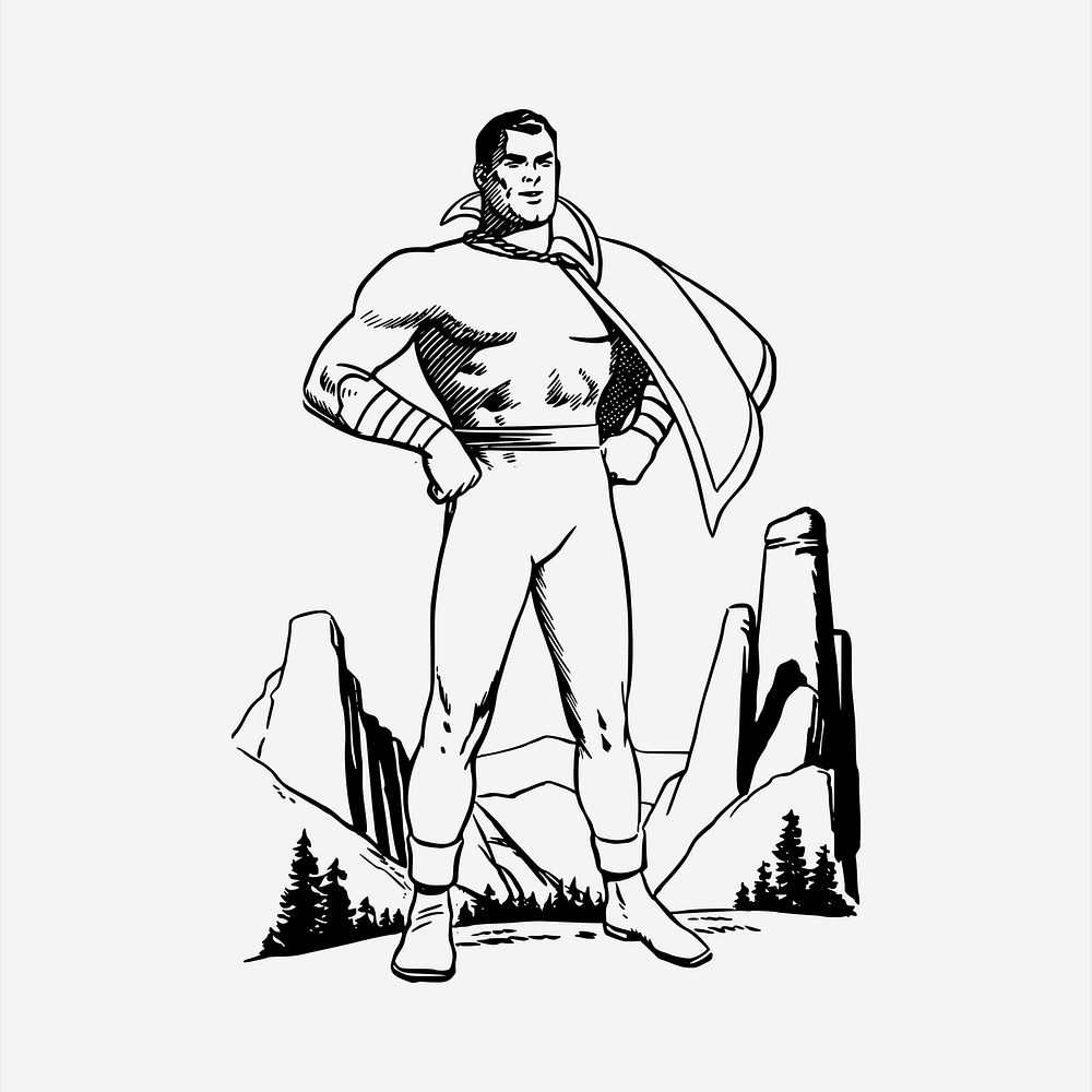 Retro superhero  clipart, vintage hand drawn vector. Free public domain CC0 image.