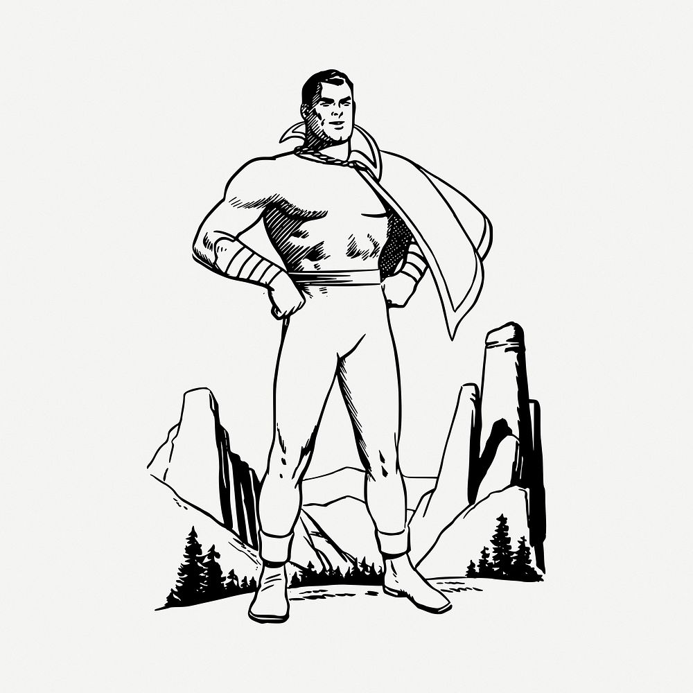 Retro superhero drawing, vintage illustration psd. Free public domain CC0 image.