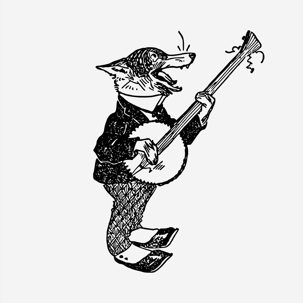 Fox playing banjo  clipart, vintage hand drawn vector. Free public domain CC0 image.
