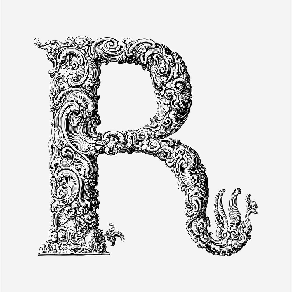 Ornamental R letter  clipart, vintage hand drawn vector. Free public domain CC0 image.