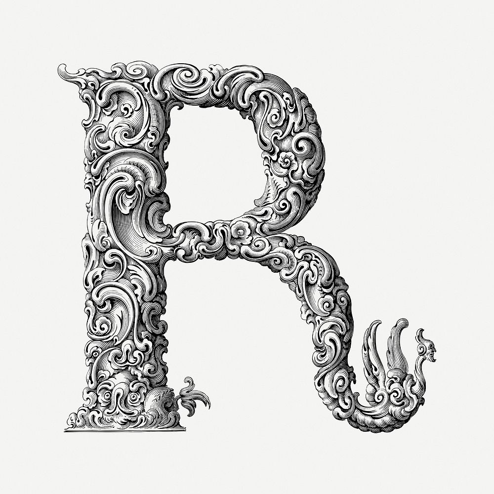 Ornamental R letter drawing, vintage illustration psd. Free public domain CC0 image.