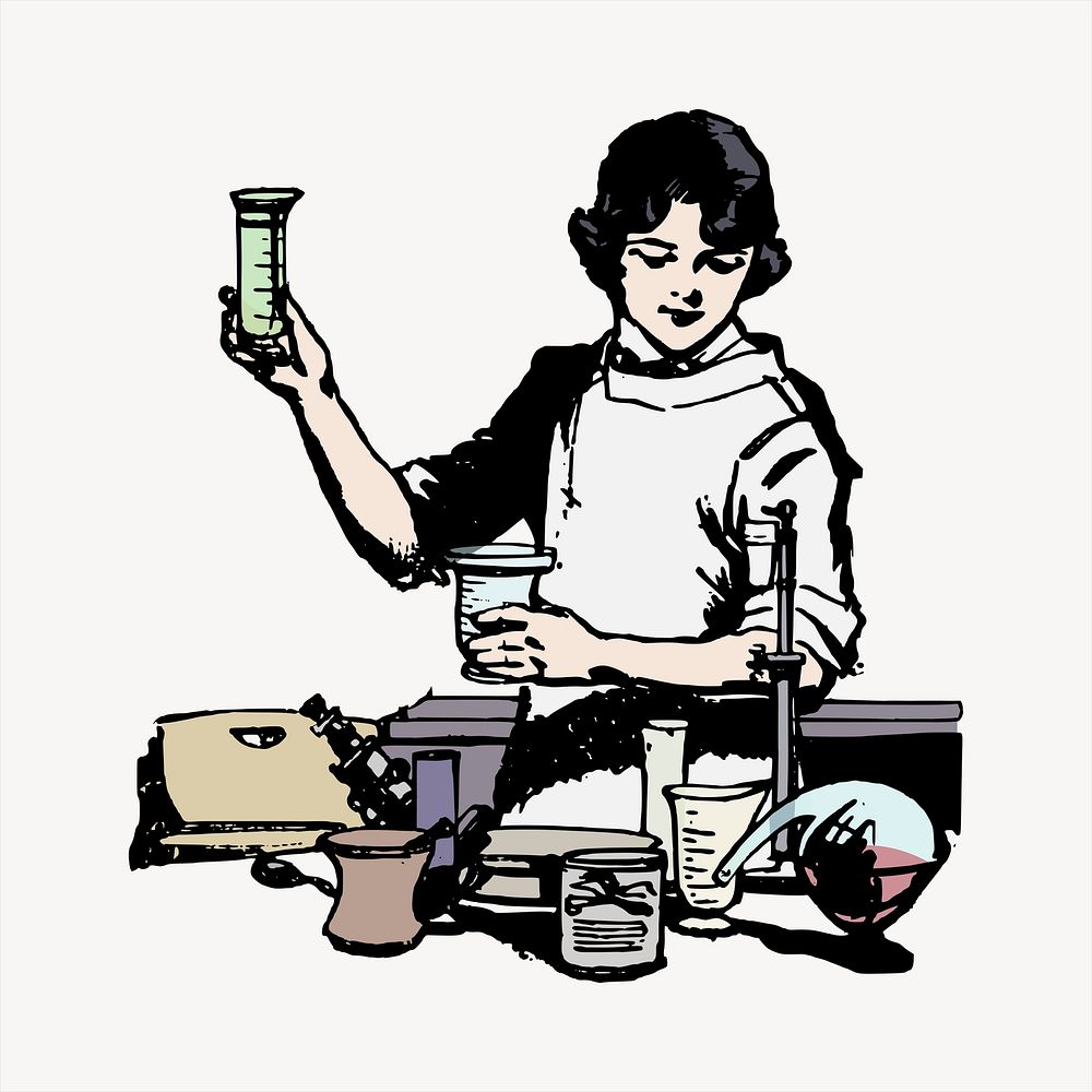 Female chemist  clipart, vintage hand drawn vector. Free public domain CC0 image.