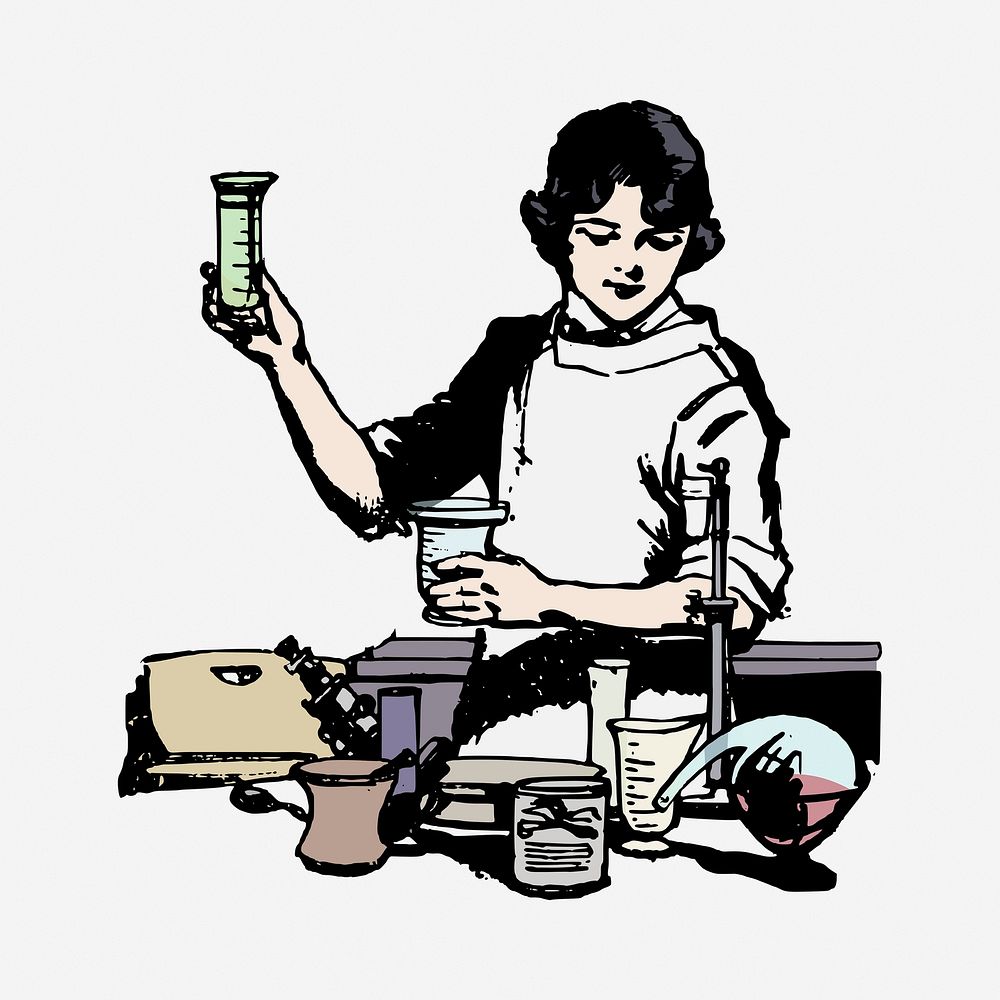 Female chemist drawing, vintage illustration. Free public domain CC0 image.