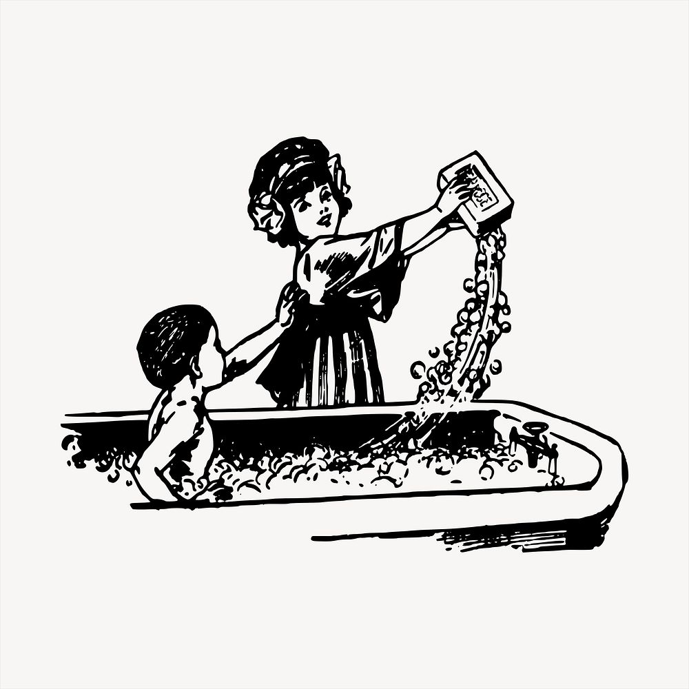 Bathing kids  clipart, vintage hand drawn vector. Free public domain CC0 image.