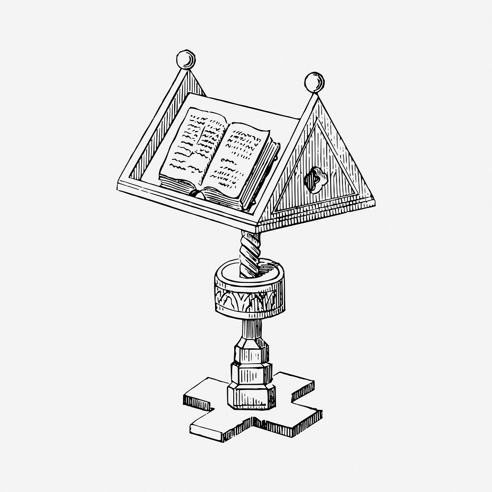 Book on lectern drawing, vintage illustration. Free public domain CC0 image.