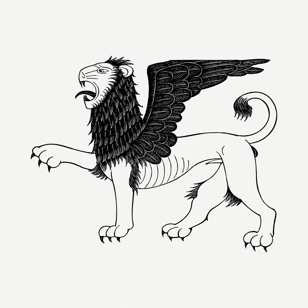 Mythical lion drawing, vintage illustration psd. Free public domain CC0 image.
