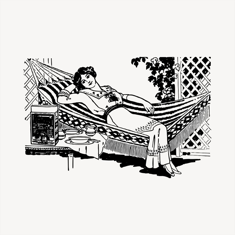 Woman on hammock   clipart, vintage hand drawn vector. Free public domain CC0 image.