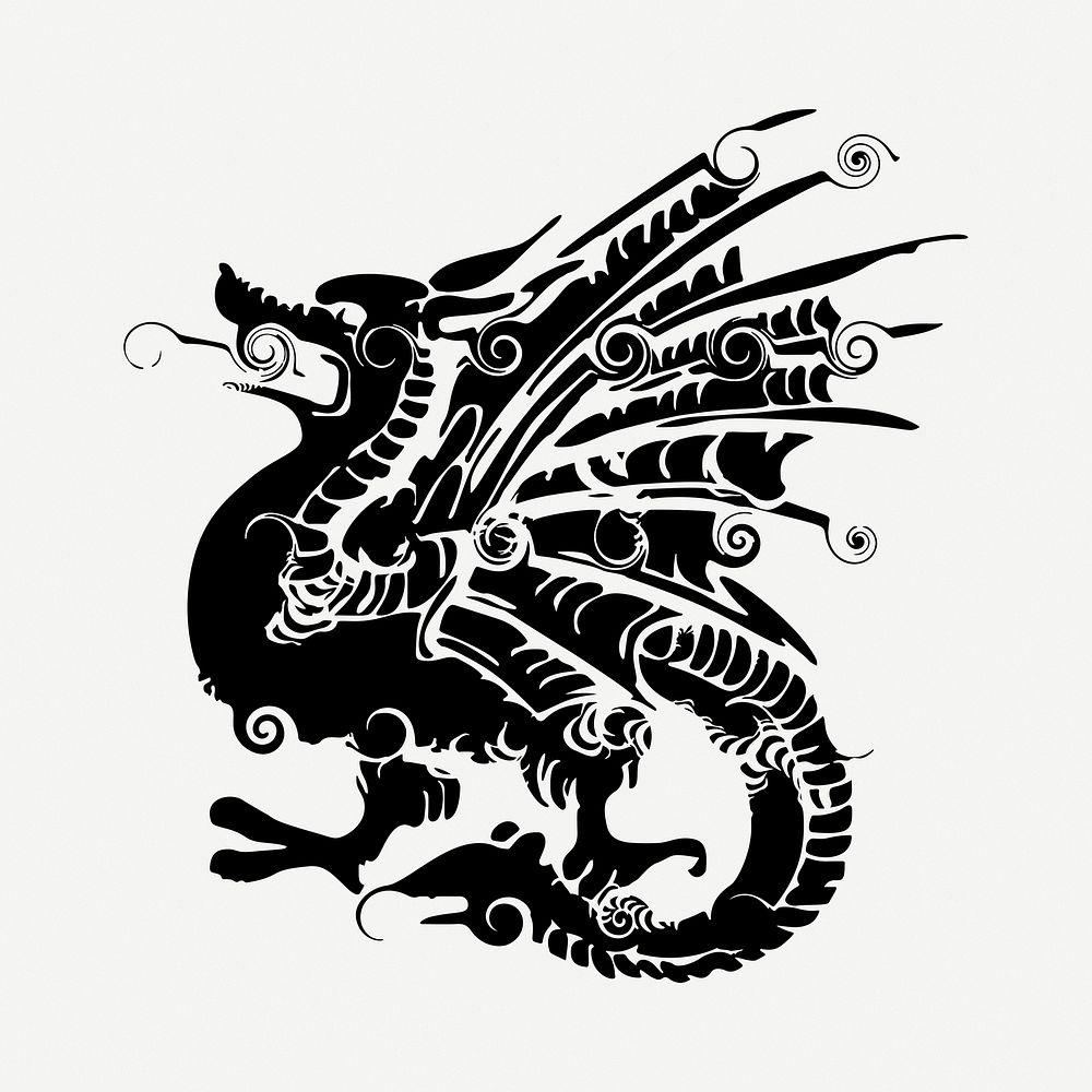 Mythical dragon drawing, vintage illustration psd. Free public domain CC0 image.