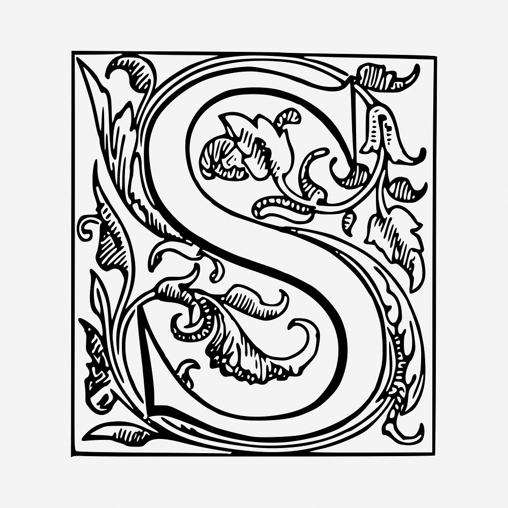Ornamental S letter drawing, vintage illustration. Free public domain CC0 image.