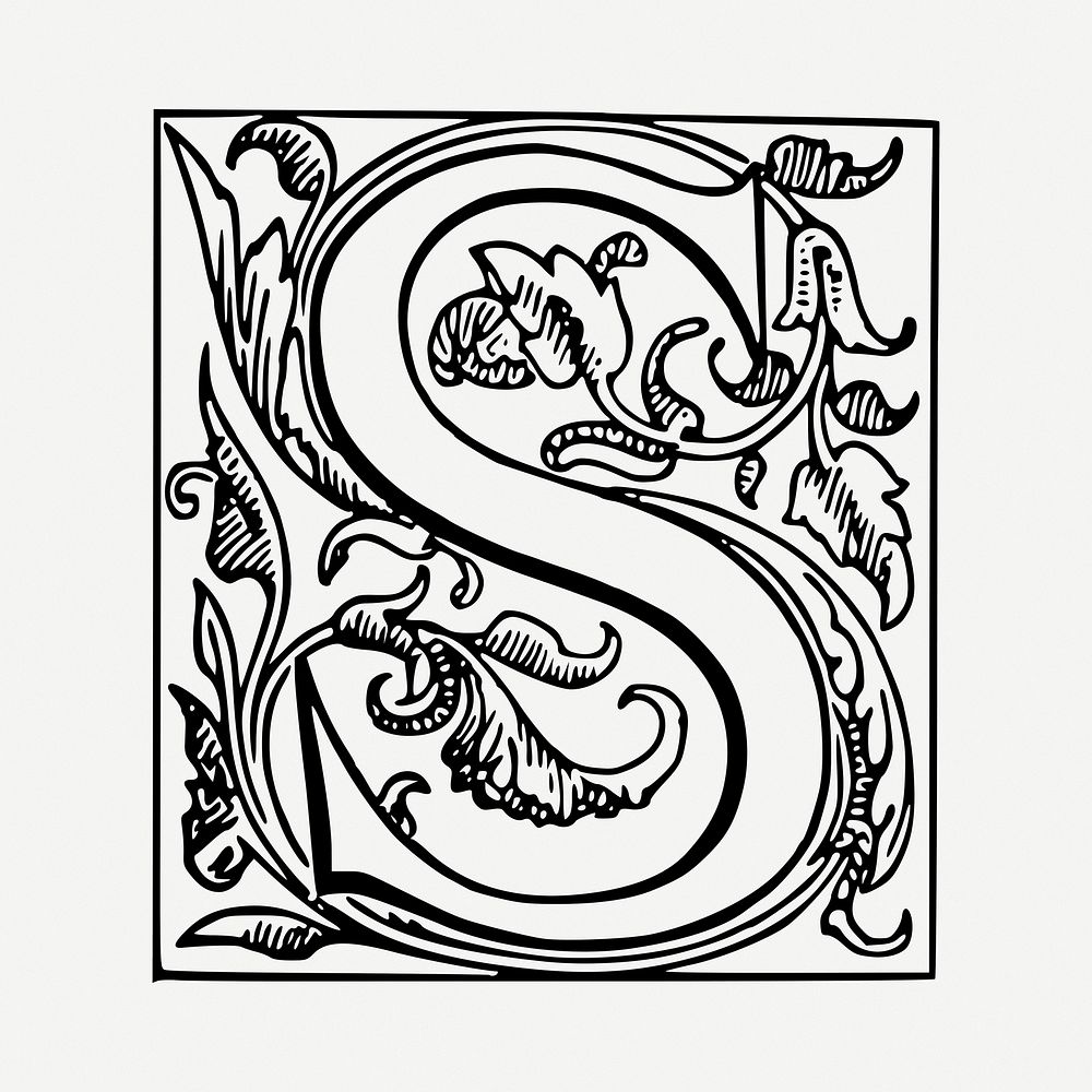 Ornamental S letter drawing, vintage illustration psd. Free public domain CC0 image.