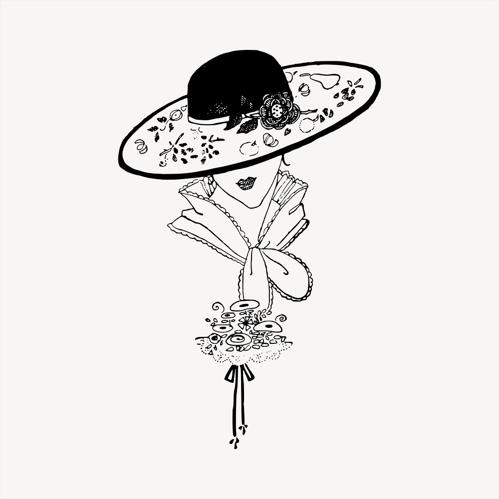 Hat lady, fashion  clipart, vintage hand drawn vector. Free public domain CC0 image.
